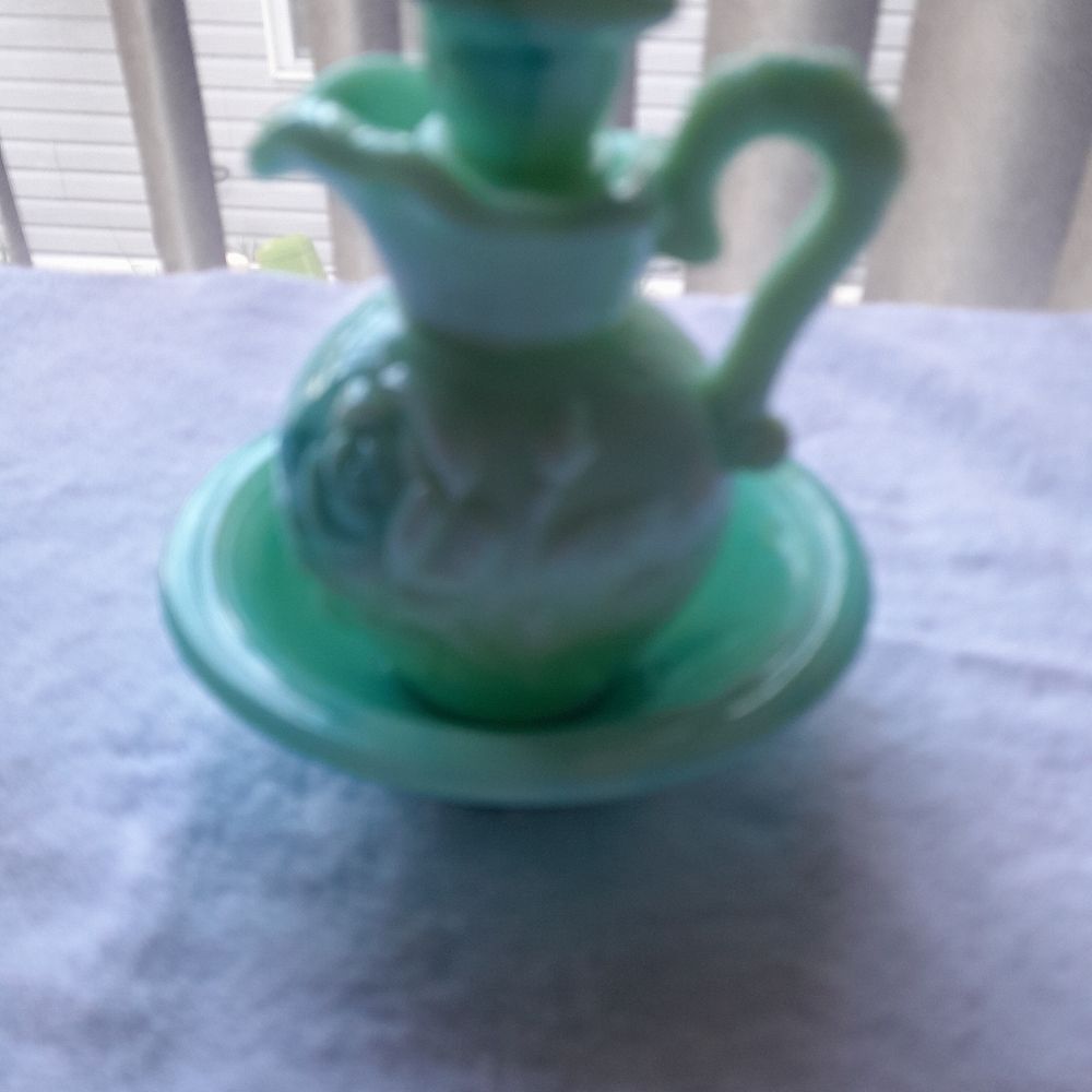 Avon vintage Lt green Teal Blue Jadeite milk Slag glass Pitcher bowl bas…